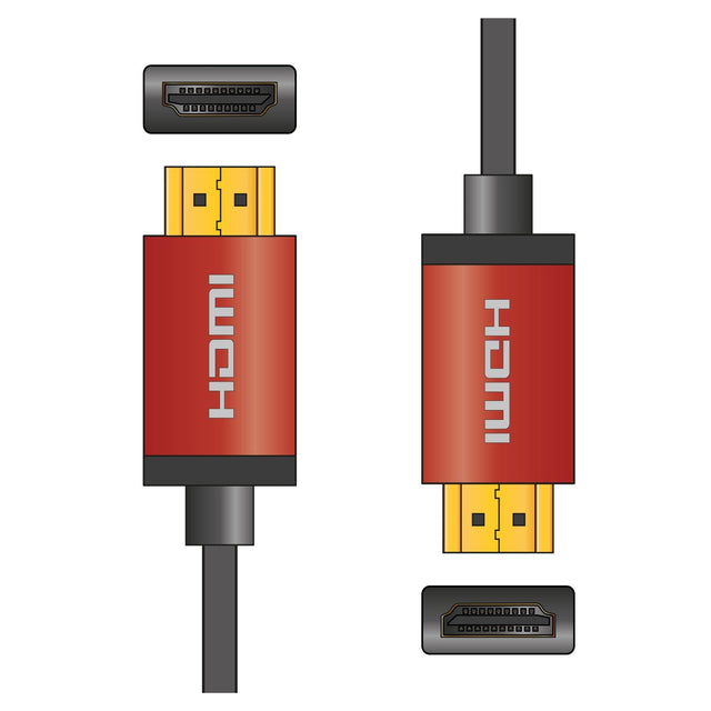 Illustration of two AV:Link 4K Colour Shell HDMI Cables, each measuring 3 meters in length, with striking red, gold-plated connectors. One cable is displayed horizontally with a connector visible on each end, while the other is positioned vertically to provide a detailed view of the connectors from various angles. These cables are ideal for enhancing Dolby® TrueHD and DTS-HD experiences.