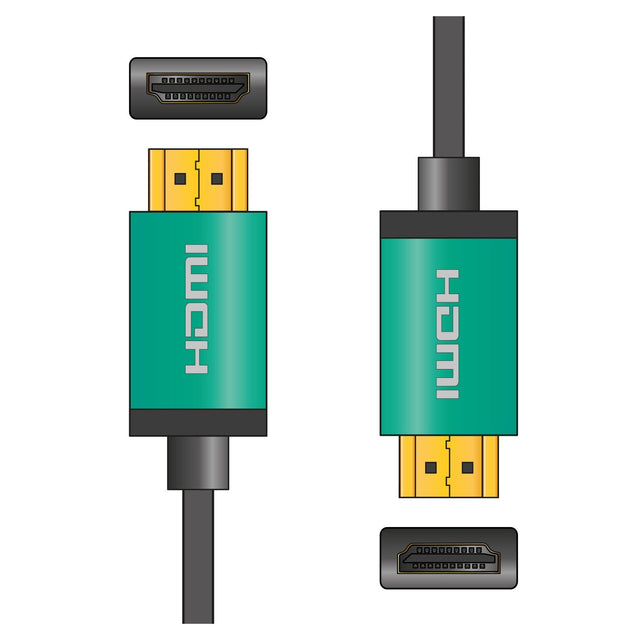 Here is an illustration of the AV:Link 4K Colour Shell HDMI Cable in green. The cable, featuring gold-plated connectors at both ends, is labeled "HDMI" in white text on its casing, ensuring ultra HD video transmission. The connectors are displayed separately at the top and bottom of the image.