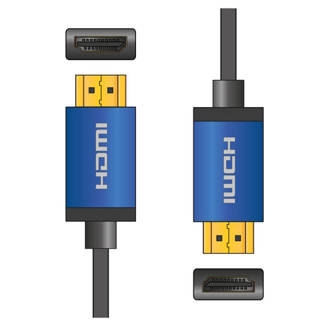 Illustration of the AV:Link 4K Colour Shell HDMI Cable in blue, displaying both front and side views. The image highlights the flat, rectangular shape and gold-plated contacts for secure connections to electronic devices, ensuring optimal performance with support for Dolby TrueHD.