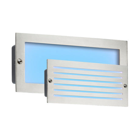The Outdoor Blue LED Recessed Brick Light with a brushed steel fascia is a modern, rectangular fixture. It features IP54 protection and a front panel with horizontal slits, housing a 5W blue LED that emits a soft glow. Its design is sleek and contemporary.