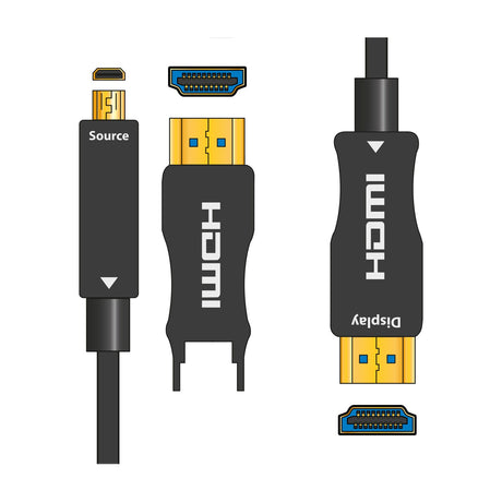 AV:Link 8K fibre optic HDMI lead showing source end with detachable plug revealing Micro HDMI, gold-plated display connector, and matching HDMI ports.