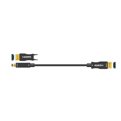 The image presents the AV:Link AOC HDMI Cable With Detachable Head - 10m, showcasing a black HDMI cable with gold connectors. One end features an HDMI 2.0 connector, while the other has a smaller micro-HDMI connector, making it ideal for 4K Ultra High Definition setups. The cable is elegantly displayed against a white background to emphasize its sleek design.