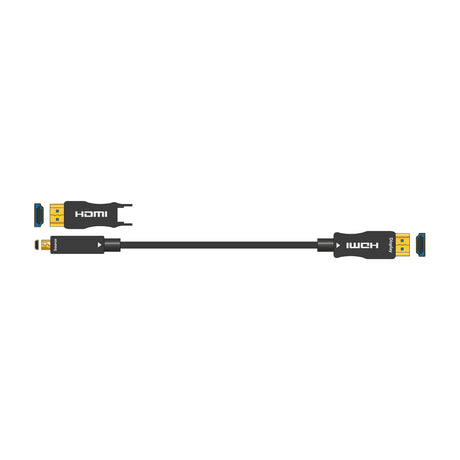 AV:Link 8K active fibre optic HDMI lead with detachable plug revealing a Micro HDMI end, gold-plated connectors and slim black cable on white.