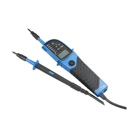 Introducing the CAT III 2-Pole Tester With LED & LCD Display IP64: a blue and black voltage tester with CAT III 690V capabilities. It features two probes connected by a cable, an IP64 rating for durability, and a digital display with buttons for measurement settings.