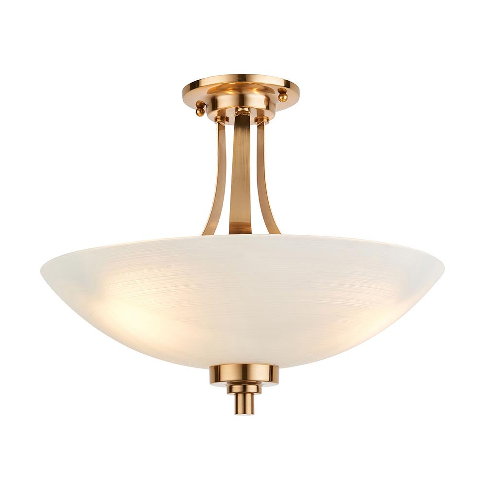 Carlton 3 Light Flush Ceiling Light in brushed aged brass with a frosted glass bowl shade and slender brass stems, shown on a plain white background.