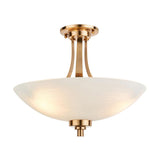 Carlton 3 Light Flush Ceiling Light in brushed aged brass with a frosted glass bowl shade and slender brass stems, shown on a plain white background.