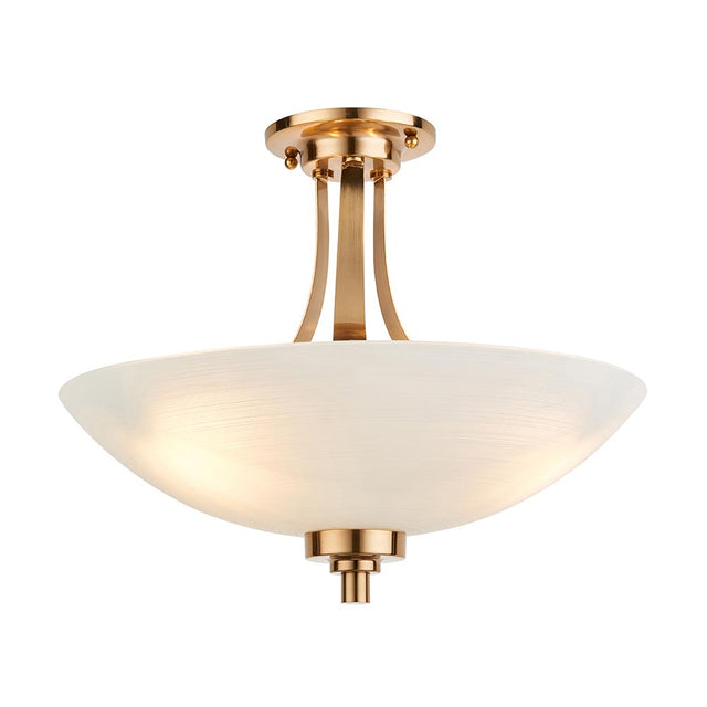 Carlton 3 Light Flush Ceiling Light in brushed aged brass with a frosted glass bowl shade and slender brass stems, shown on a plain white background.