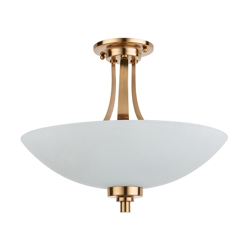 Carlton 3 Light Flush Ceiling Light in brushed aged brass with a frosted glass bowl shade and branched brass frame, shown on a white background.