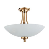 Carlton 3 Light Flush Ceiling Light in brushed aged brass with a frosted glass bowl shade and branched brass frame, shown on a white background.