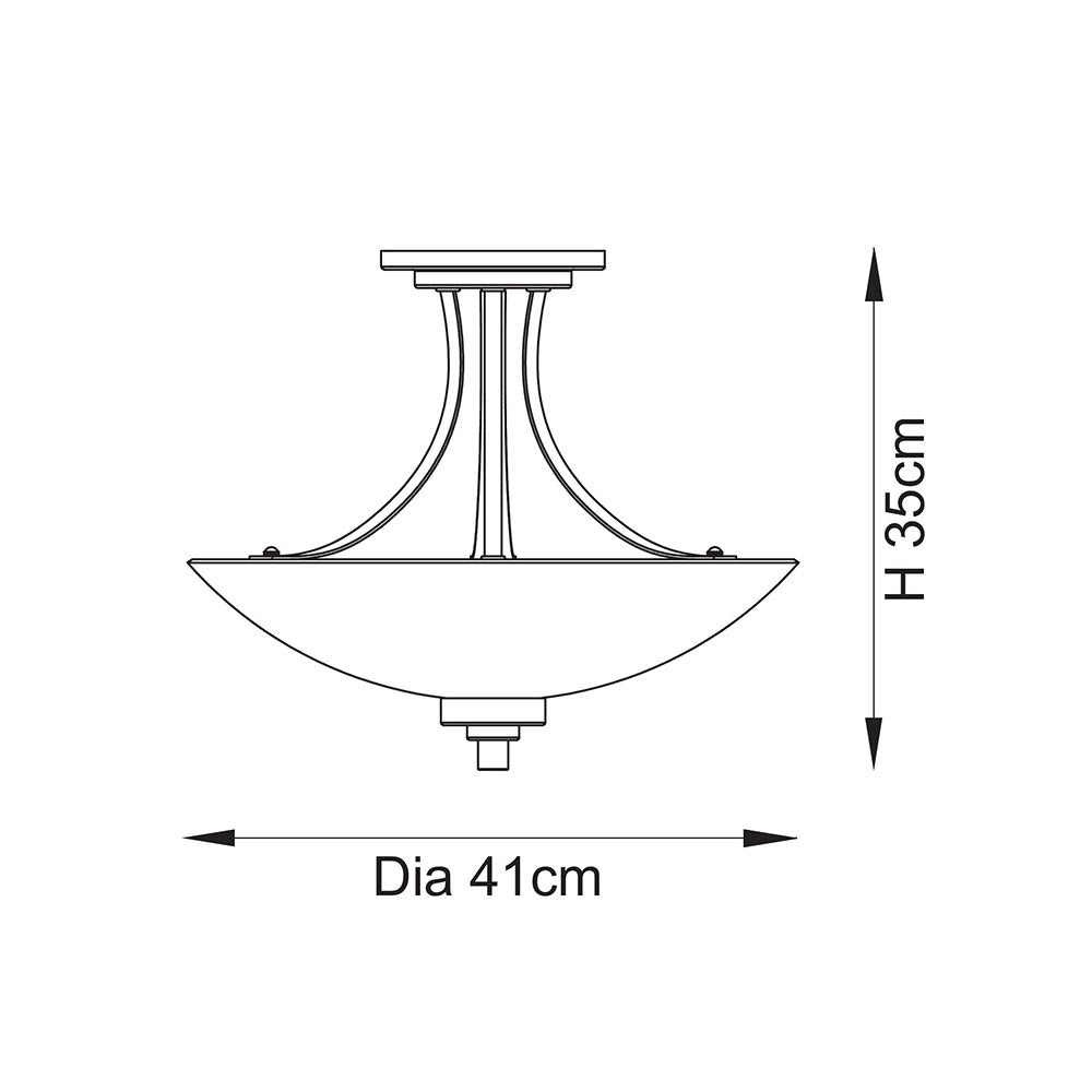 Line drawing of the Carlton 3 Light Flush Ceiling Light in brushed aged brass, showing bowl glass shade and frame with dimensions H35cm and Dia 41cm.
