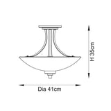 Line drawing of the Carlton 3 Light Flush Ceiling Light in brushed aged brass, showing bowl glass shade and frame with dimensions H35cm and Dia 41cm.
