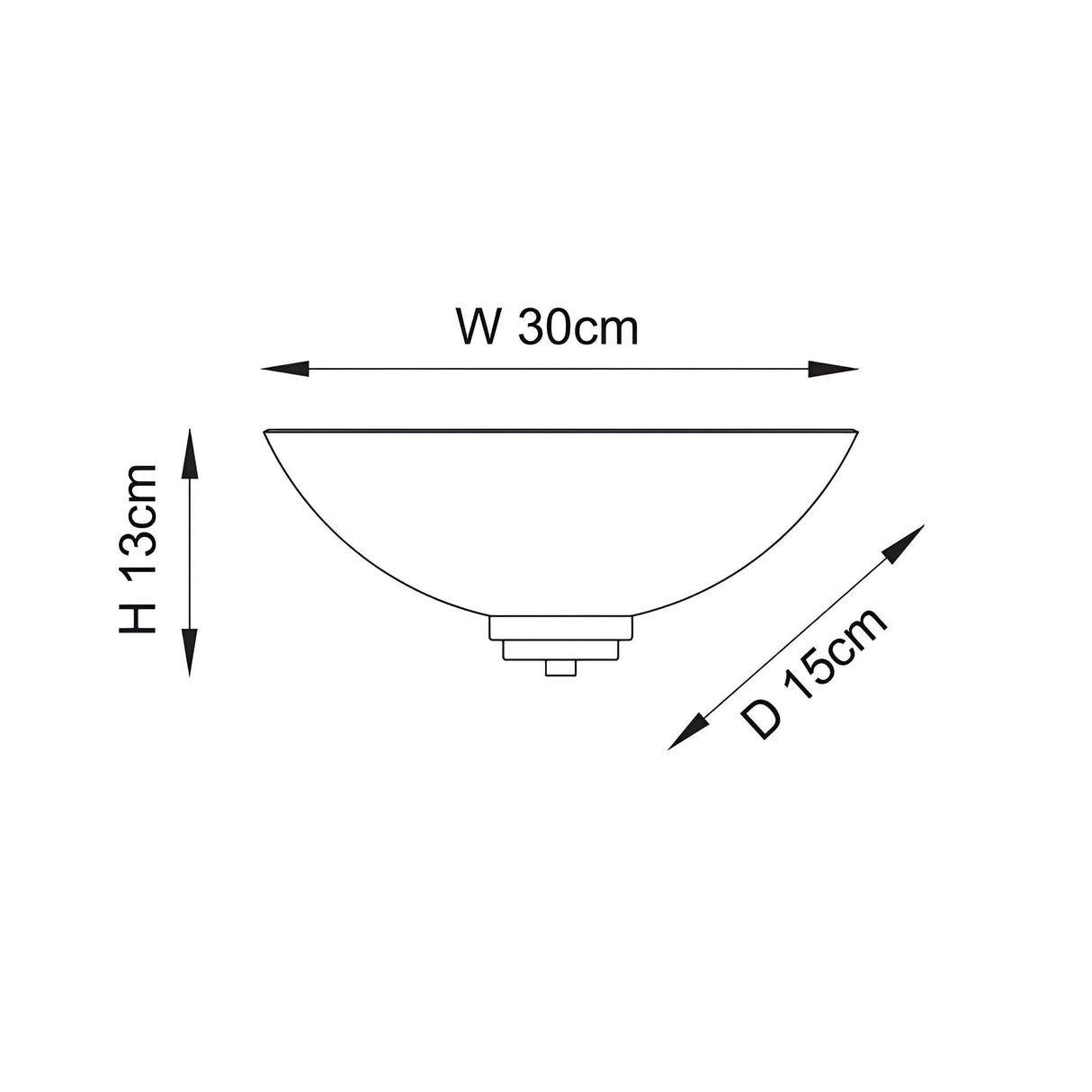 Dimension diagram of the Endon Carlton wall light showing 30cm width, 13cm height, and 15cm projection on a plain white background.