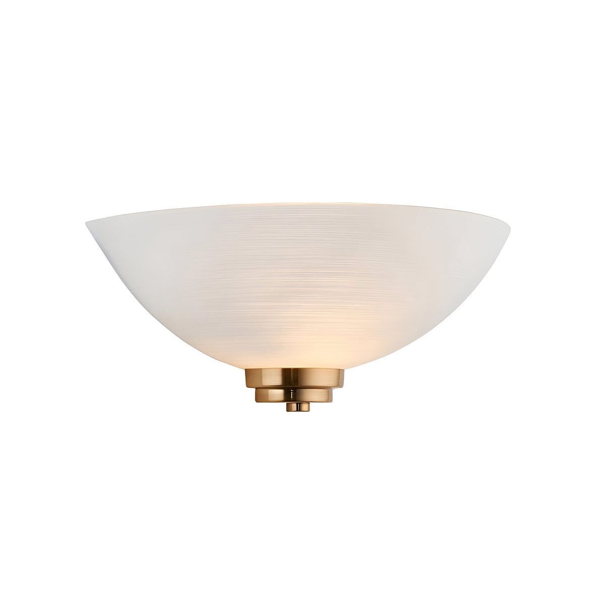 Endon Carlton wall light with a matt white ribbed glass half-bowl shade on a brushed aged brass fitting, shown against a plain white background.