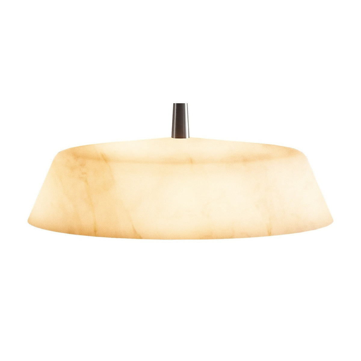 Bonn Alabaster Drum Pendant Light with shallow, tapered veined alabaster shade and brushed metal stem, shown on a plain white background.