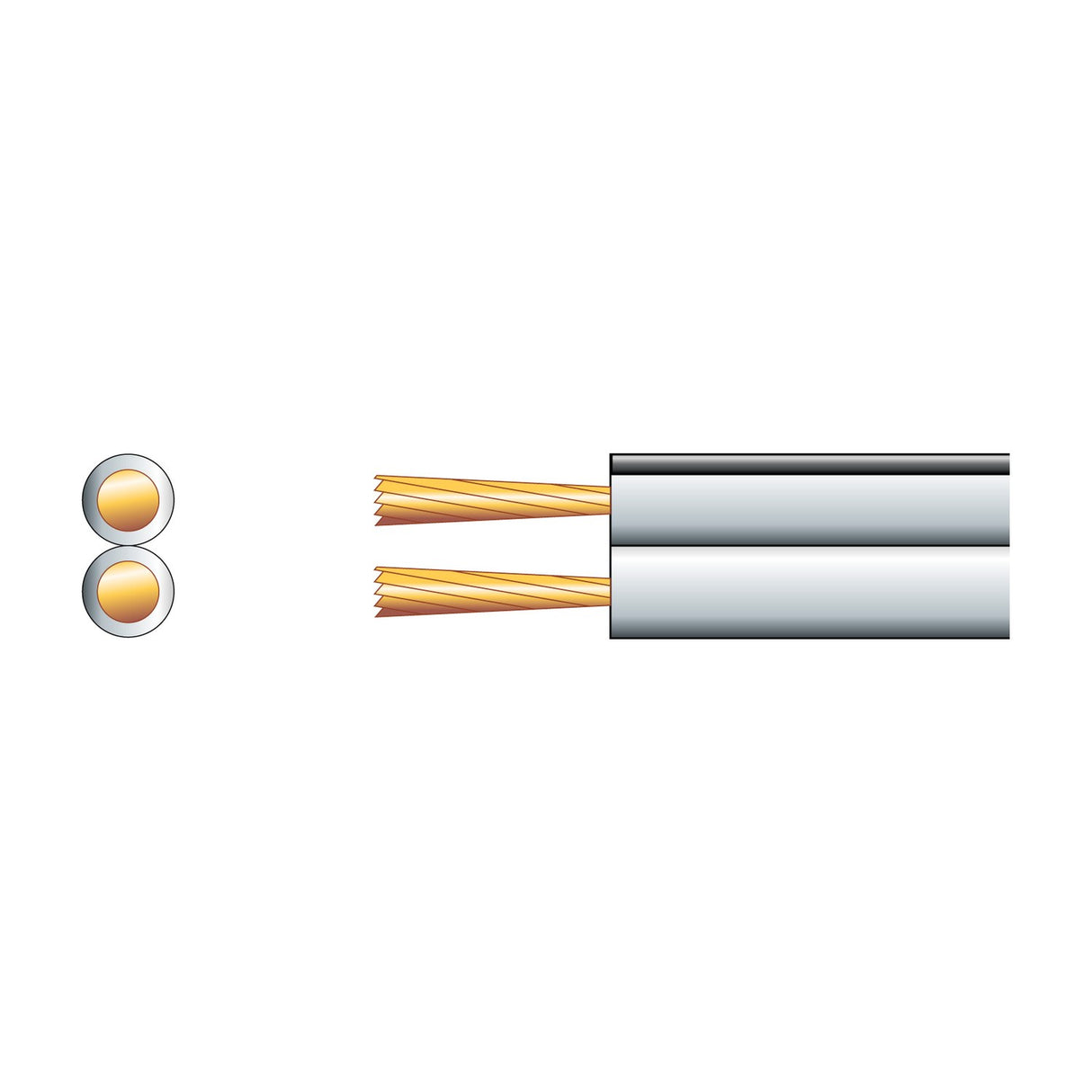 AV:Link figure 8 speaker wire with white PVC sheath and twin copper-clad aluminium conductors, shown in cross-section and stripped end view.