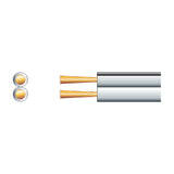 AV:Link figure 8 speaker wire with white PVC sheath and twin copper-clad aluminium conductors, shown in cross-section and stripped end view.