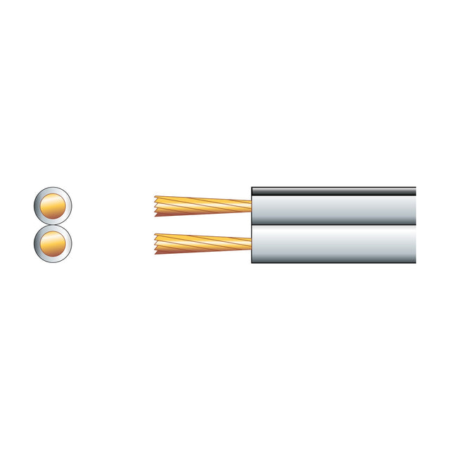 AV:Link figure 8 speaker wire with white PVC sheath and twin copper-clad aluminium conductors, shown in cross-section and stripped end view.