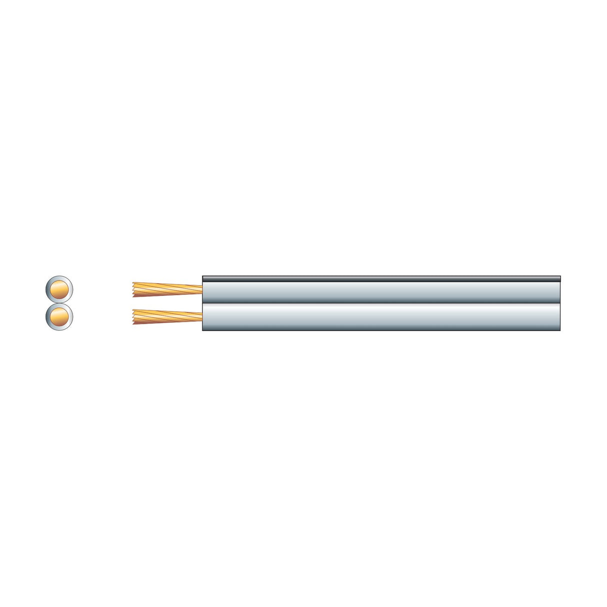 AV:Link figure 8 speaker wire diagram showing twin copper stranded conductors in cross-section beside a length of flat white PVC-sheathed twin-core cable.