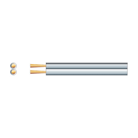AV:Link figure 8 speaker wire diagram showing twin copper stranded conductors in cross-section beside a length of flat white PVC-sheathed twin-core cable.