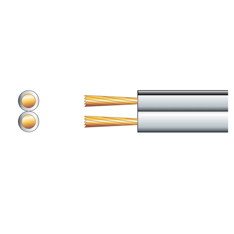 Illustration of the AV:Link Figure 8 Speaker Wire on a white background, showcasing its internal structure for audio installation. Two copper wires are visible inside the gray outer layer. A side view displays the circular cross-section, making it ideal for use with CCA conductors.