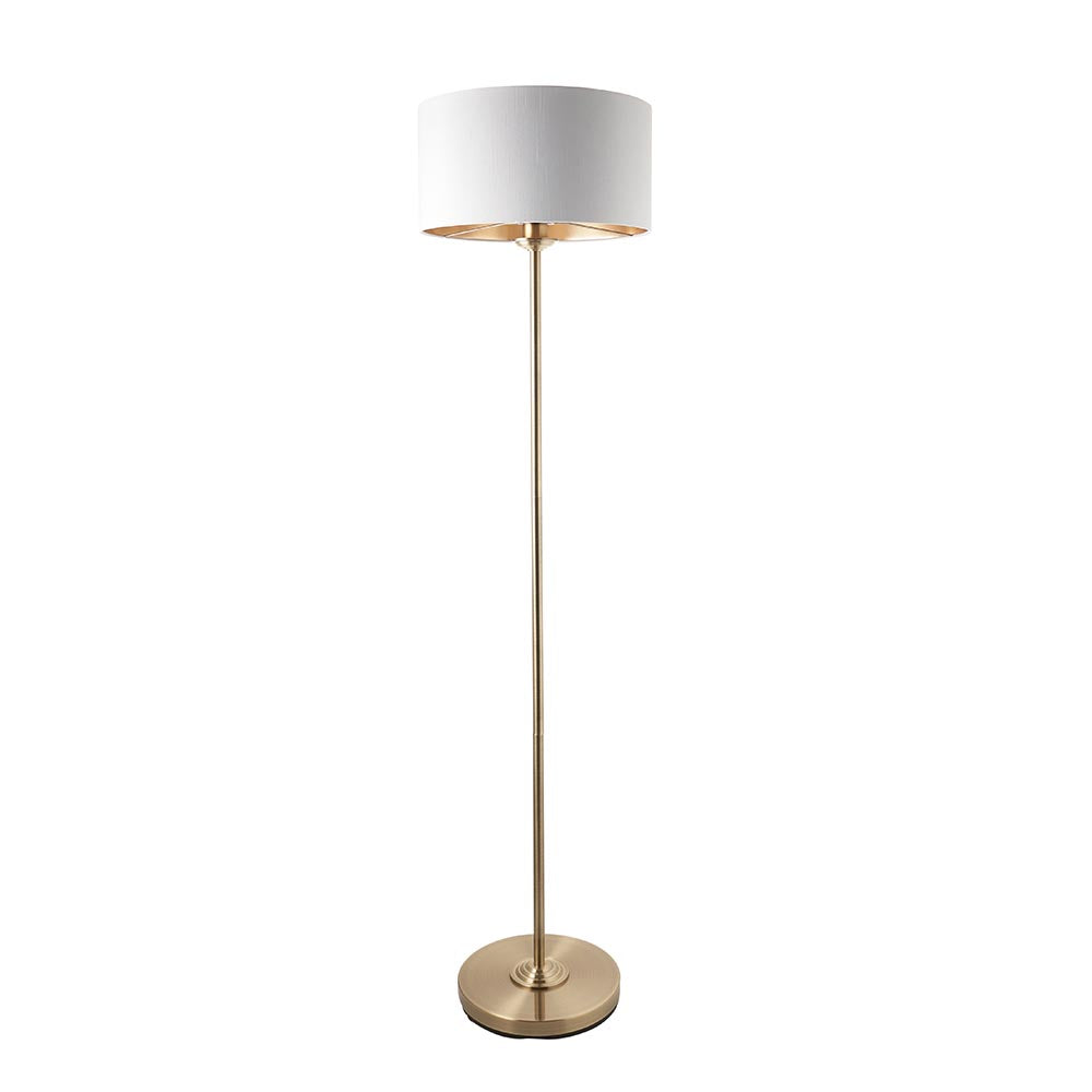 Endon Brenley floor lamp with brass stem and base, white drum shade with gold reflective inner, single E27 fitting, shown on a plain white background.