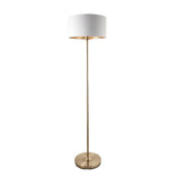 Endon Brenley floor lamp with brass stem and base, white drum shade with gold reflective inner, single E27 fitting, shown on a plain white background.