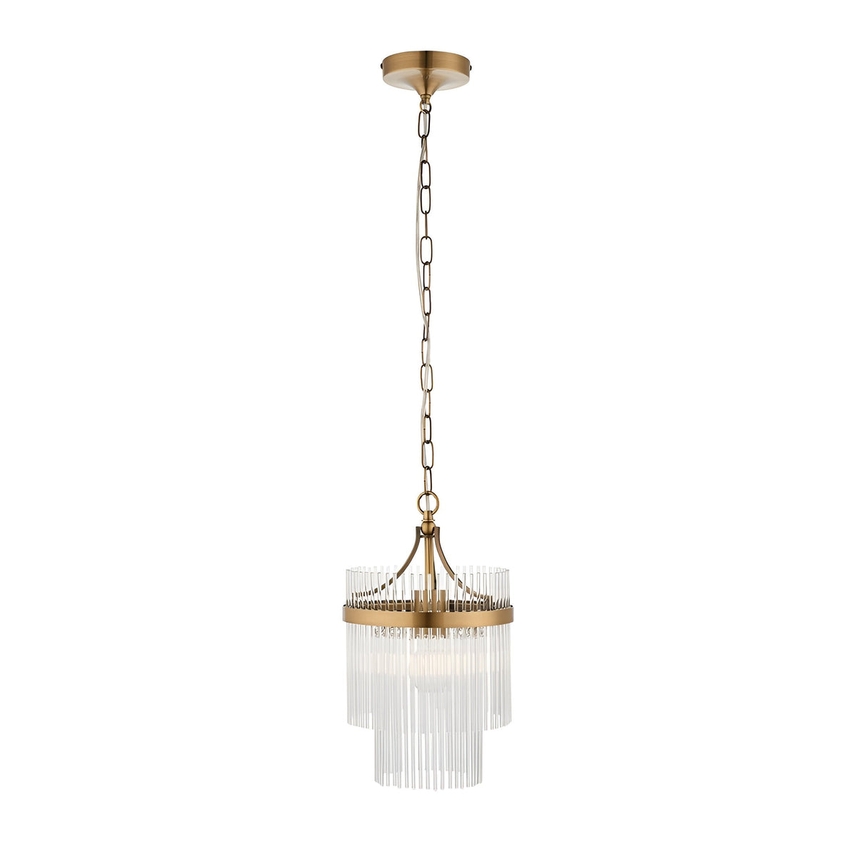 Endon Beaumont pendant light in antique brass with two-tier clear glass rod shade, single E27 lamp, and chain suspension on a white background.