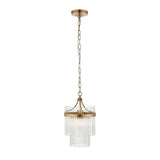 Endon Beaumont pendant light in antique brass with two-tier clear glass rod shade, single E27 lamp, and chain suspension on a white background.
