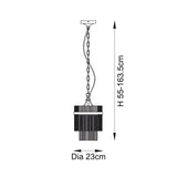 Dimension diagram of Endon Beaumont brass pendant showing adjustable height 55-163.5cm and 23cm diameter tiered rod shade on a chain suspension.