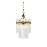 Endon Beaumont two-tier pendant light in antique brass with clear glass rod fringing and chain suspension, shown on a plain white background.