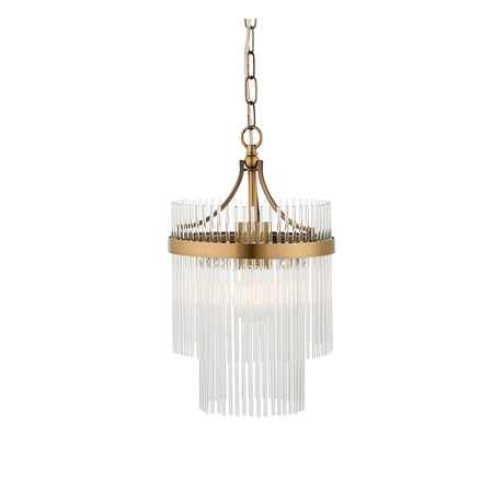 Endon Beaumont two-tier pendant light in antique brass with clear glass rod fringing and chain suspension, shown on a plain white background.