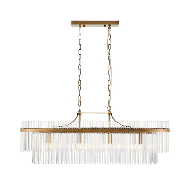 Beaumont 4 Light Linear Pendant in antique brass with clear glass rods along an oval frame, suspended on chains, shown on a plain white background.