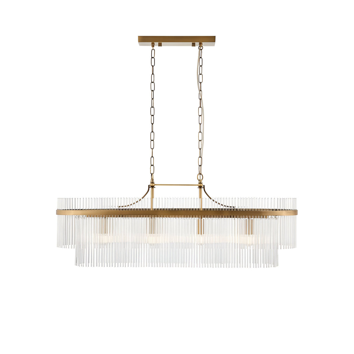 Beaumont 4 Light Linear Pendant in antique brass, with clear glass rods lining a linear bar, suspended from twin chains on a plain white background.