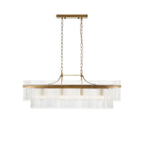 Beaumont 4 Light Linear Pendant in antique brass, with clear glass rods lining a linear bar, suspended from twin chains on a plain white background.