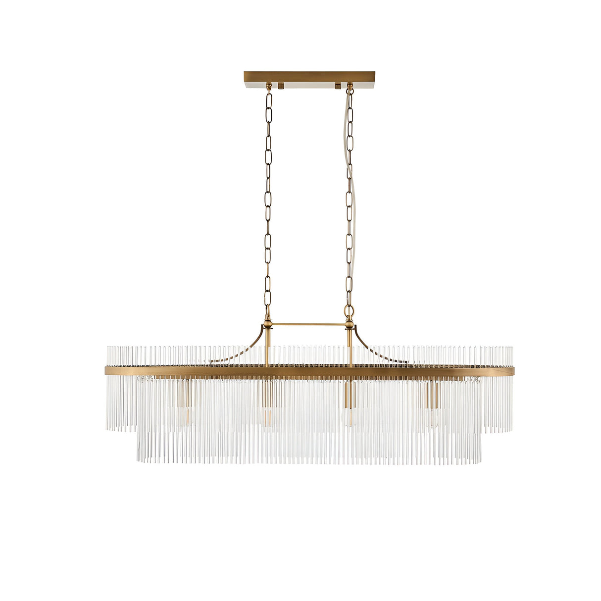 Beaumont 4 Light Linear Pendant in antique brass, with clear glass rods lining a long bar suspended from twin chains, shown on a plain white background.