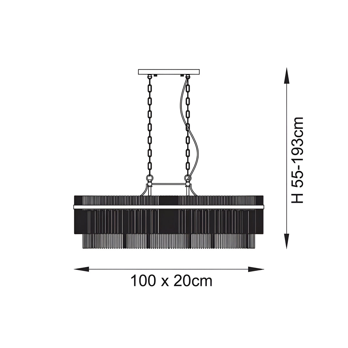 Technical line drawing of the Beaumont 4 Light Linear Pendant in brass, showing chain-hung fixing, glass rod bar, 100 x 20cm, height 55-193cm.