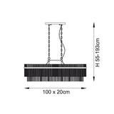 Technical line drawing of the Beaumont 4 Light Linear Pendant in brass, showing chain-hung fixing, glass rod bar, 100 x 20cm, height 55-193cm.