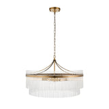 Endon Beaumont 7 Light Pendant in antique brass with two-tier clear glass rod fringe and chain suspension, shown on a plain white background.