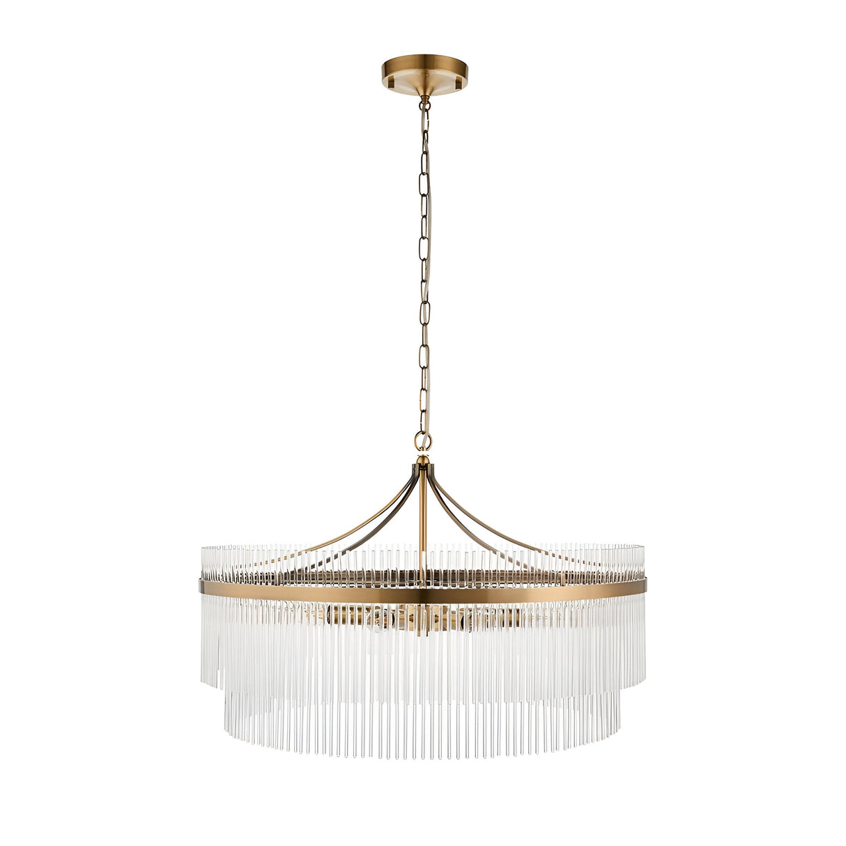 Endon Beaumont 7 Light Pendant in antique brass with two tiers of clear glass rods, suspended from a chain on a plain white background.