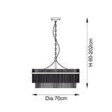 Dimension diagram of the Endon Beaumont 7 Light Pendant showing a 70cm diameter tiered glass rod shade with adjustable 60-202cm chain drop.