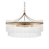 Endon Beaumont 7 light pendant in antique brass with two tiers of clear glass rods, suspended from a chain, shown on a white background.