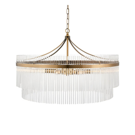 Endon Beaumont 7 light pendant in antique brass with two tiers of clear glass rods, suspended from a chain, shown on a white background.