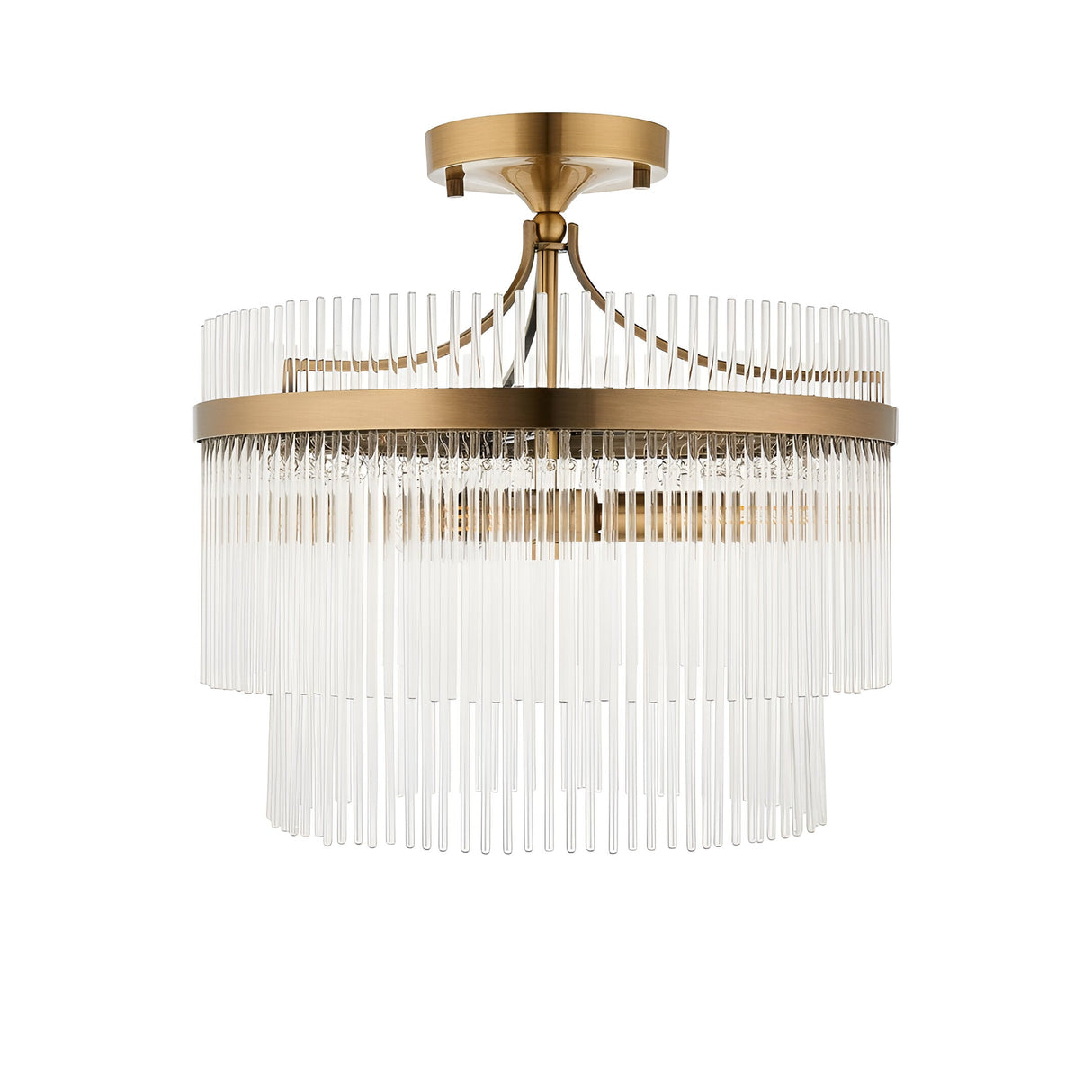 Endon Beaumont 3 light semi-flush ceiling light in brass with two tiers of clear glass rods and a round ceiling plate, on a white background.