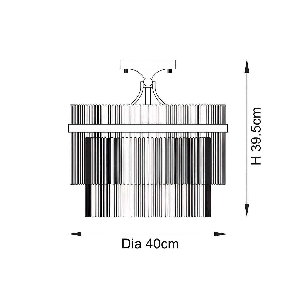 Dimension diagram of Endon Beaumont 3 light semi-flush ceiling light showing 39.5cm height and 40cm diameter on a white background.