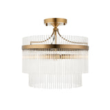 Endon Beaumont 3 light semi-flush ceiling light in brass with tiered clear glass rod shades, shown on a plain white background.