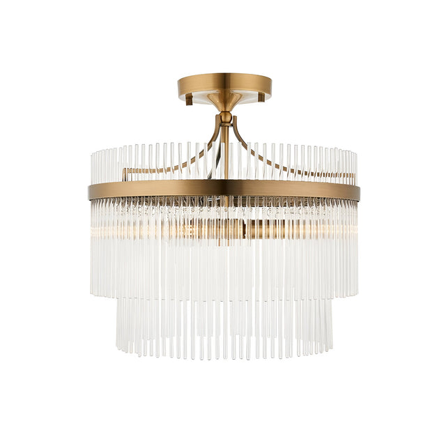 Endon Beaumont 3 light semi-flush ceiling light in brass with tiered clear glass rod shades, shown on a plain white background.
