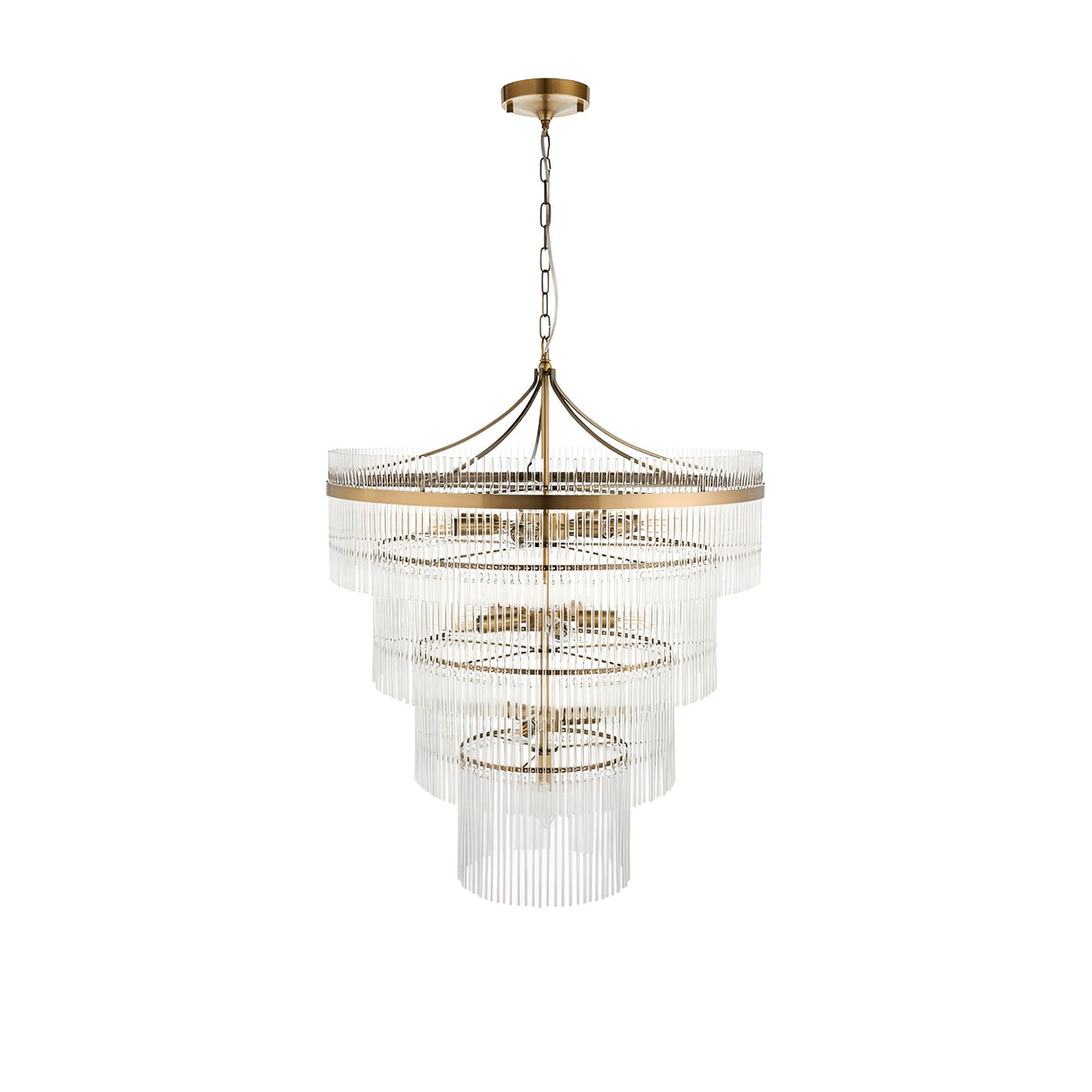 Beaumont 16 Light Chandelier in antique brass with tiered clear glass rods and chain suspension, shown on a plain white background.