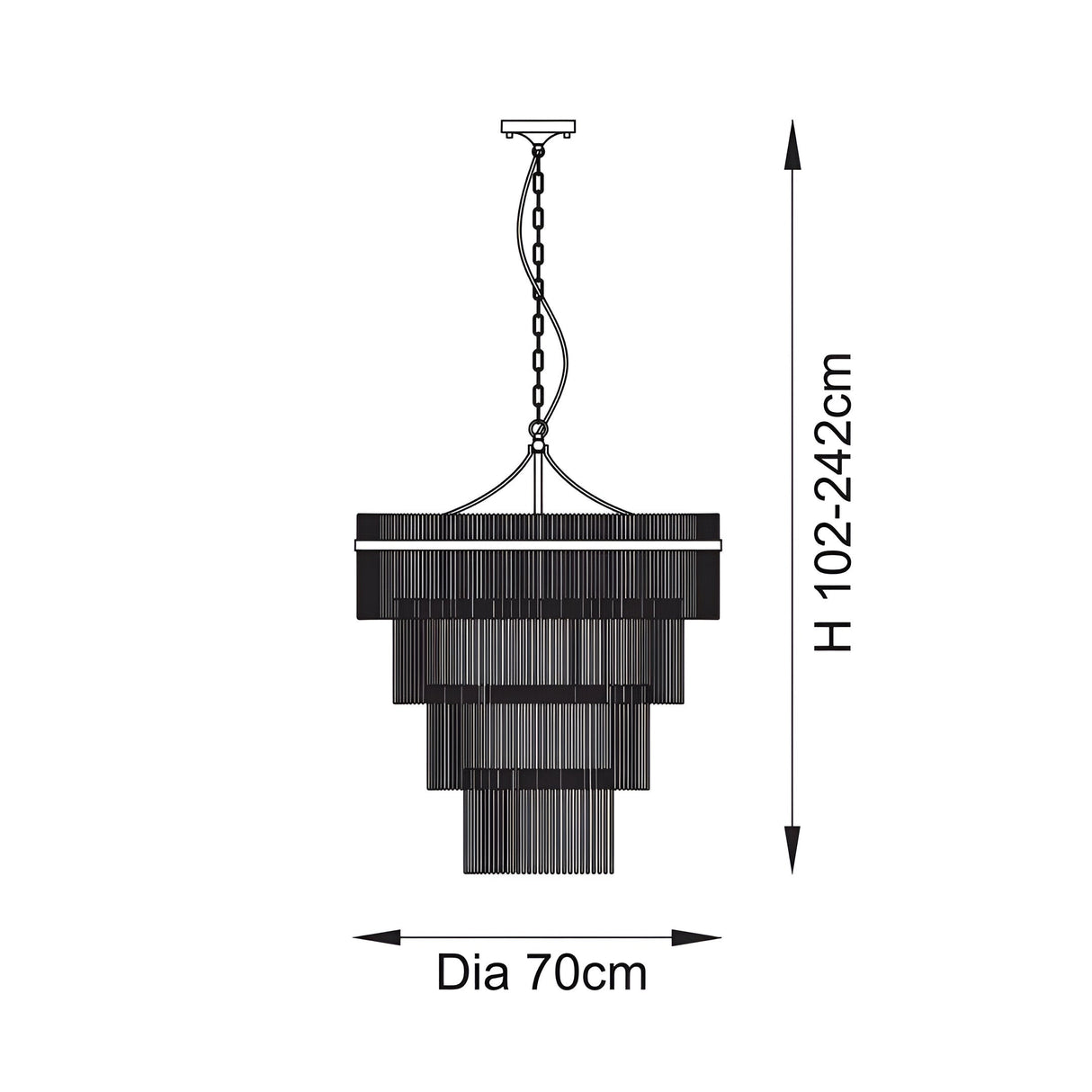 Line drawing of the Beaumont 16-light tiered chandelier in antique brass with glass rod strands, adjustable chain, 70cm diameter, H 102-242cm.