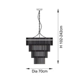 Line drawing of the Beaumont 16-light tiered chandelier in antique brass with glass rod strands, adjustable chain, 70cm diameter, H 102-242cm.