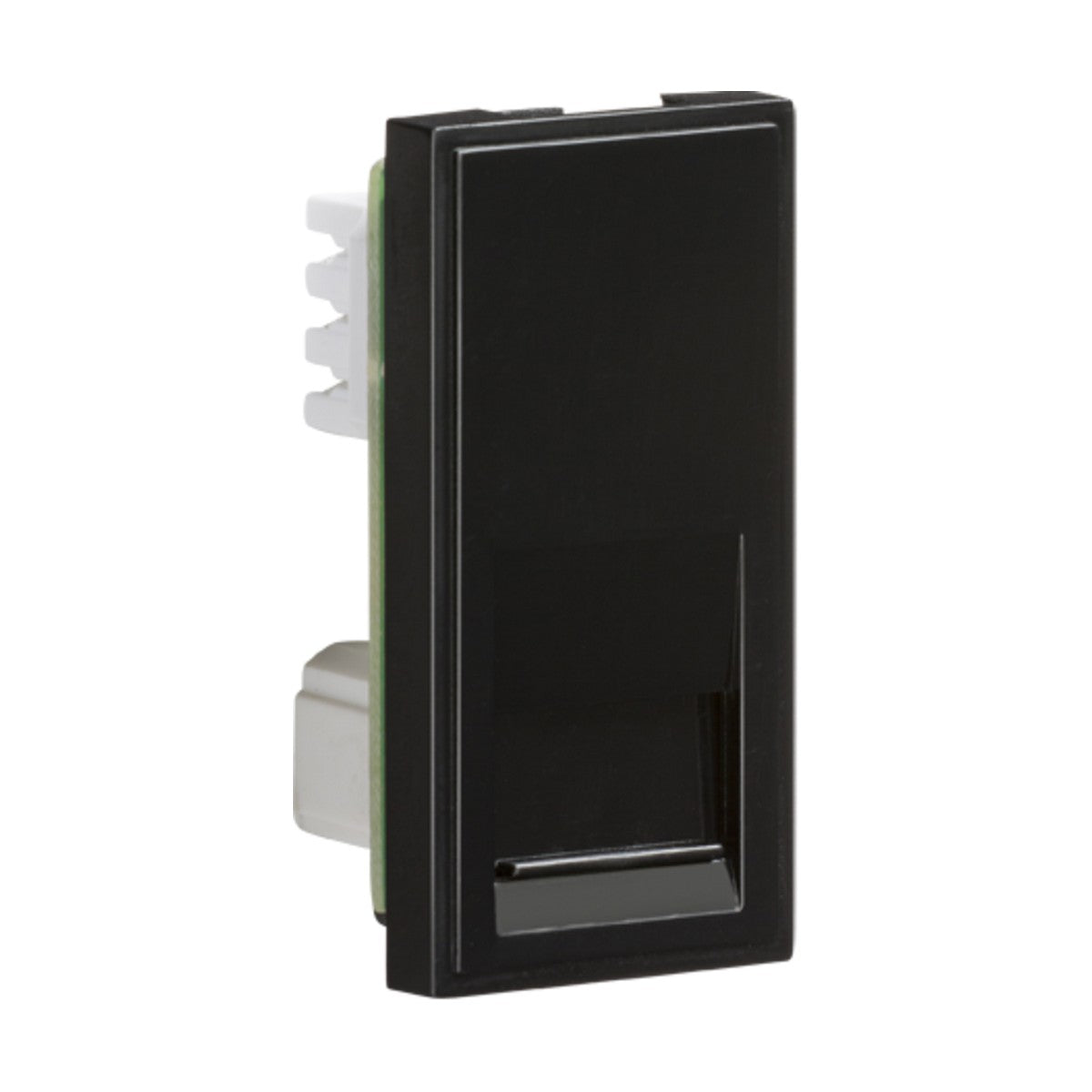 A Telephone Secondary Outlet Module, measuring 25 x 50mm (IDC) in black, boasts a rectangular design with a glossy finish and white connectors extending from the back. This euro-module faceplate is intended for vertical orientation, providing both modern aesthetics and efficient connectivity.